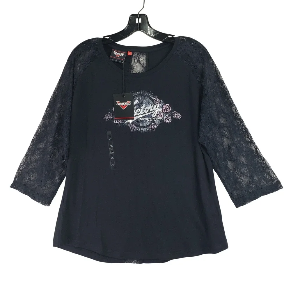 Victory Motorcycles Tee Women XL Black Lace Sleeve Biker Edgy Graphic Shirt